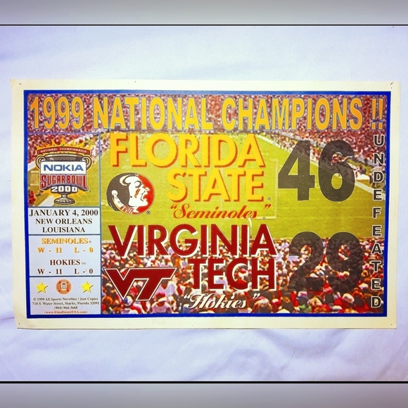 2000 NCAA Sugar Bowl Score Card Poster Florida State Seminoles vs Va Tech Hokies